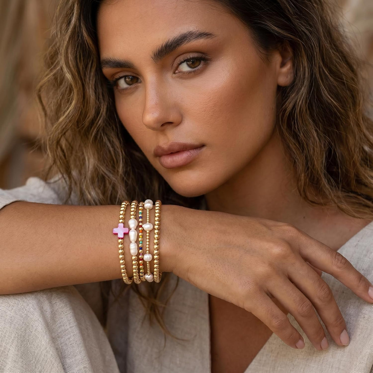 14K Gold Plated Pearl Beaded Cross Bracelets Stack Set for Women,Stretch Boho Colorful Christian Beads Ball Jewelry Friendship Summer Trendy Gift