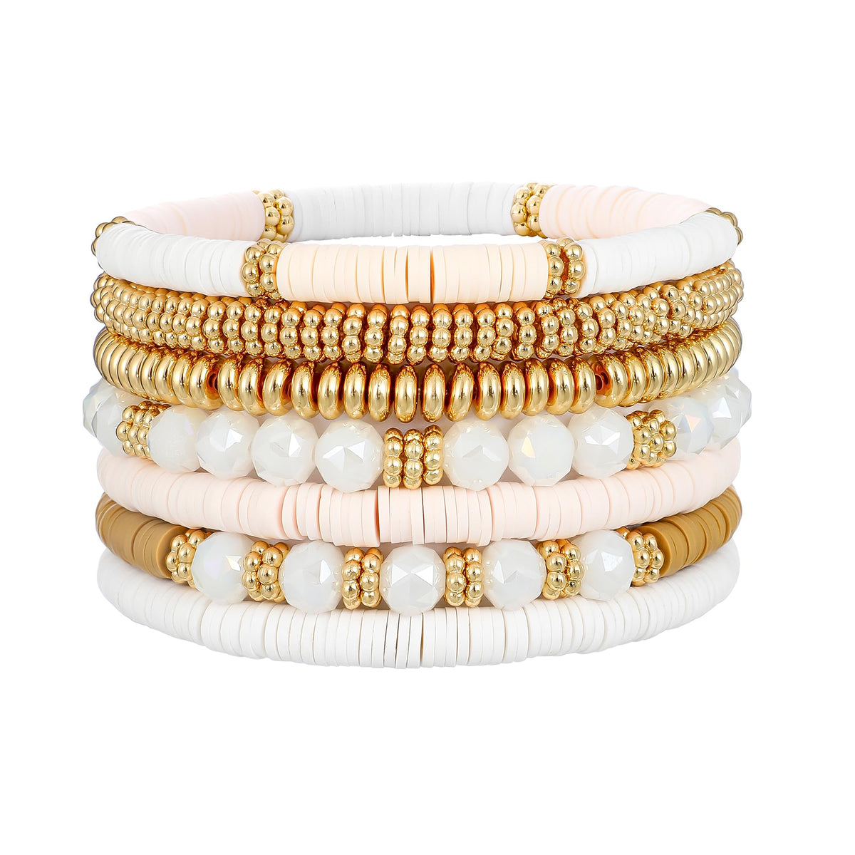 GOOJIDS Surfer Heishi Clay Bead Bracelets for Women Bohemian Stackable Gold Plated Beaded Stretch Bracelets Elastic Layering Friendship Bracelets Set Boho Jewelry