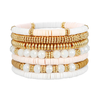 GOOJIDS Surfer Heishi Clay Bead Bracelets for Women Bohemian Stackable Gold Plated Beaded Stretch Bracelets Elastic Layering Friendship Bracelets Set Boho Jewelry