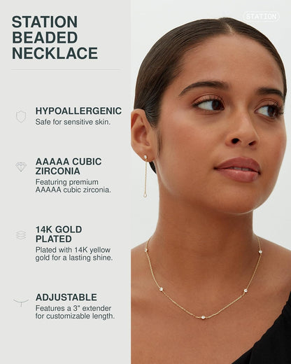 PAVOI Layering Necklace for Women, 14K Gold Plated Station CZ Chain