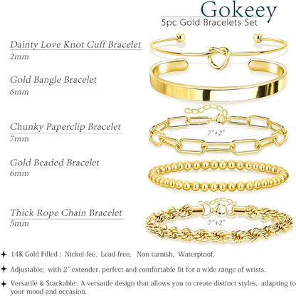 Gokeey Gold Bracelets Set for Women Non Tarnish, Waterproof 14K Gold Plated Sterling Silver Chunky Cuff Bracelet Stackable Gold Bangles Bracelet for Women Trendy Fashion Accessories Tie Knot Cuban Rope Paperclip Beaded Bracelet Stack Jewelry Mothers Day G