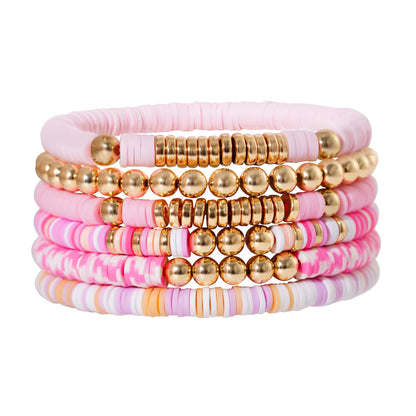 GOOJIDS Surfer Heishi Clay Bead Bracelets for Women Bohemian Stackable Gold Plated Beaded Stretch Bracelets Elastic Layering Friendship Bracelets Set Boho Jewelry