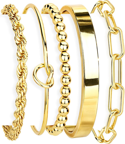 Gokeey Gold Bracelets Set for Women Non Tarnish, Waterproof 14K Gold Plated Sterling Silver Chunky Cuff Bracelet Stackable Gold Bangles Bracelet for Women Trendy Fashion Accessories Tie Knot Cuban Rope Paperclip Beaded Bracelet Stack Jewelry Mothers Day G