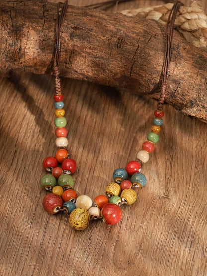 MINACHI Hippie Boho Colorful Ceramic Round Beads Strand Necklace, Bohemian Fashion Statement Jewelry Gift for Women