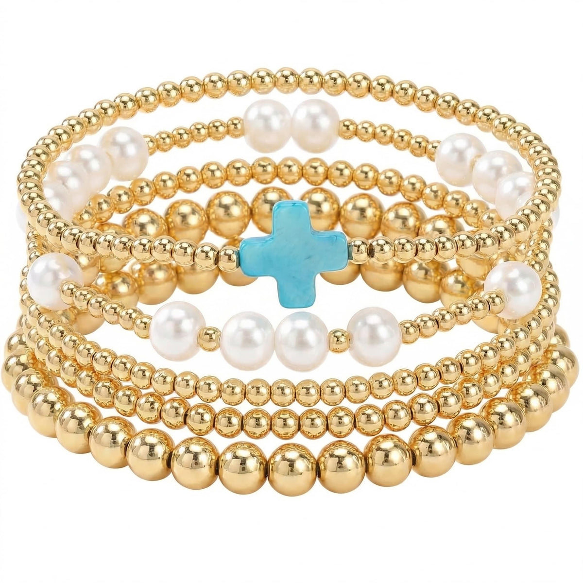 14K Gold Plated Pearl Beaded Cross Bracelets Stack Set for Women,Stretch Boho Colorful Christian Beads Ball Jewelry Friendship Summer Trendy Gift