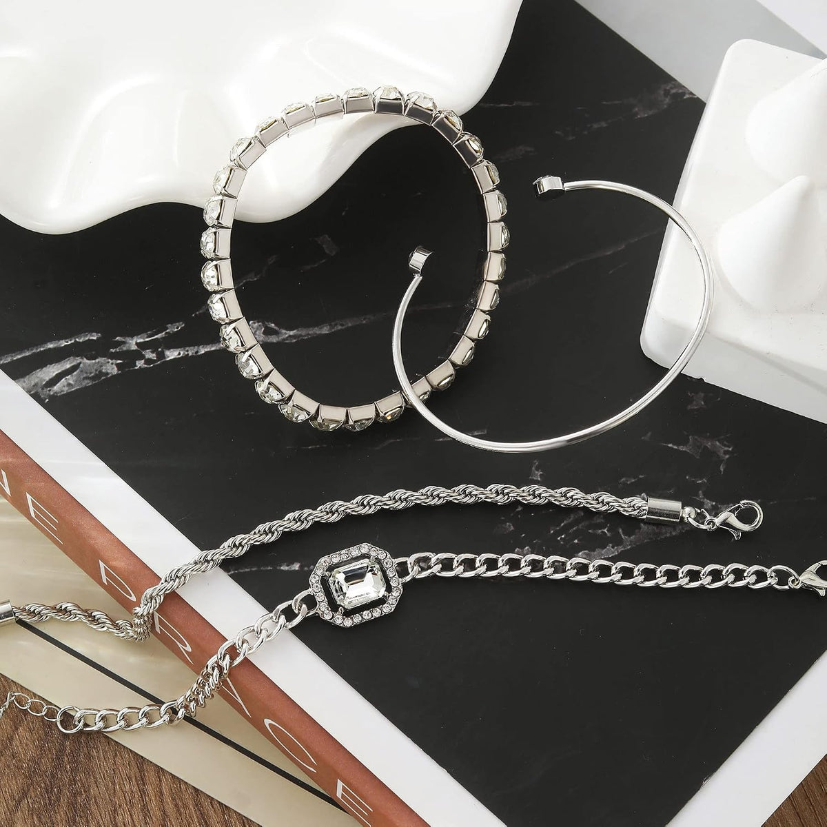 17IF 4 Pcs Dainty Gold Silver Bracelets Set for Women, 14K Plated Link