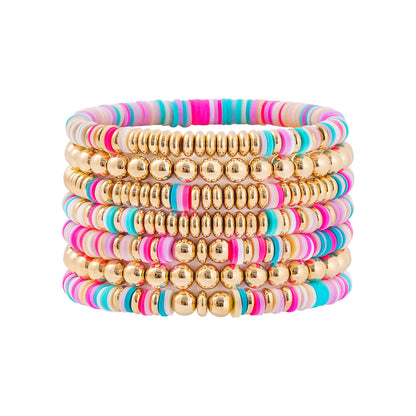 GOOJIDS Surfer Heishi Clay Bead Bracelets for Women Bohemian Stackable Gold Plated Beaded Stretch Bracelets Elastic Layering Friendship Bracelets Set Boho Jewelry