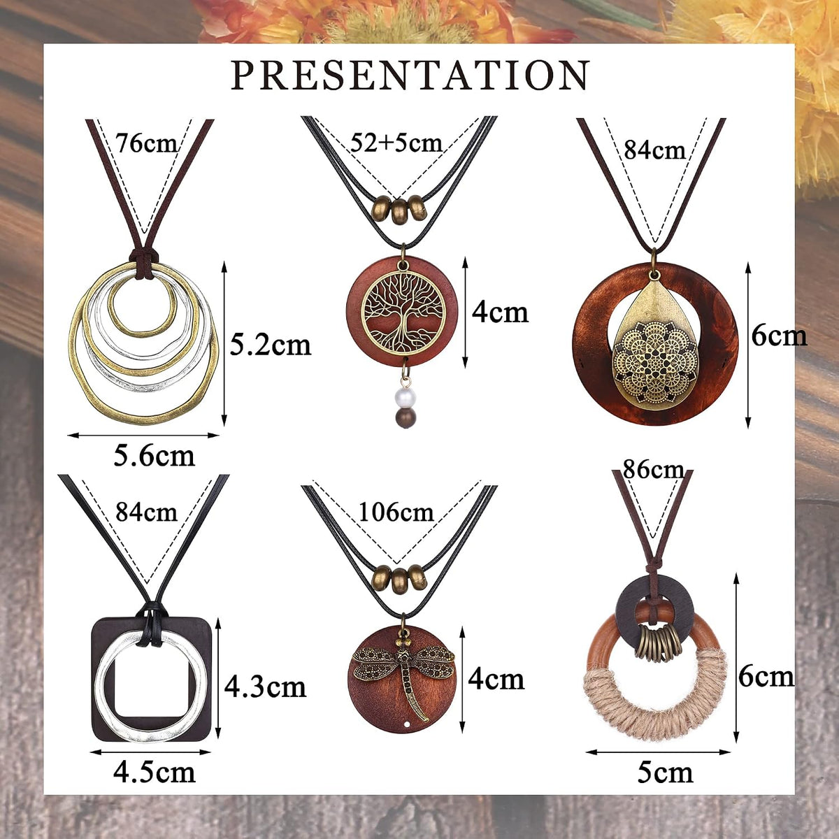 sailimue 6Pcs Wooden Boho Necklaces For Women Trendy Long Boho Necklace