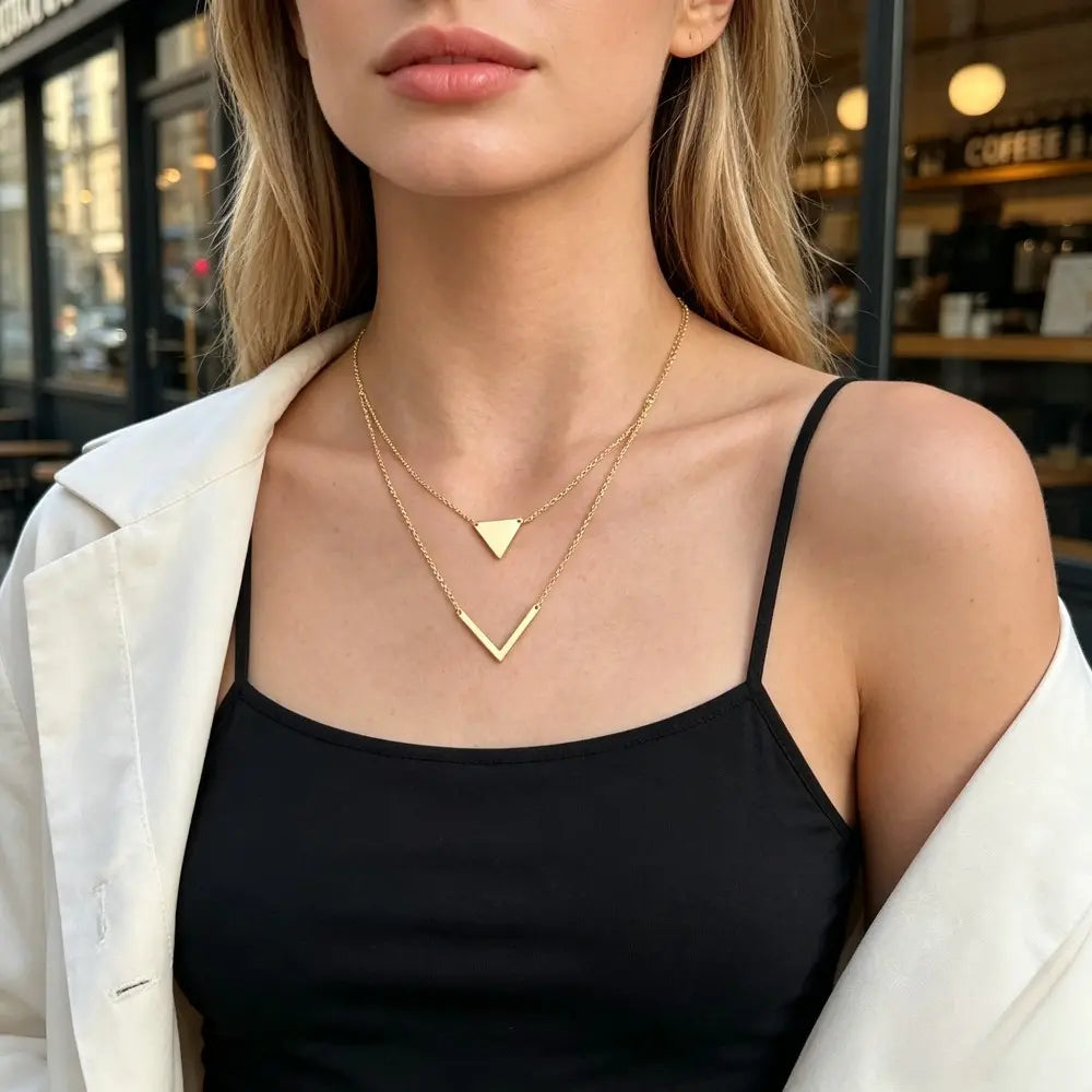 Women's Elegant Layered Chain Necklace, Triangle And Letter V Design Pendant, Chic Vintage All-match Fashion Jewelry, Suitable for Daily Styling And Birthday Gifting for Girlfriend