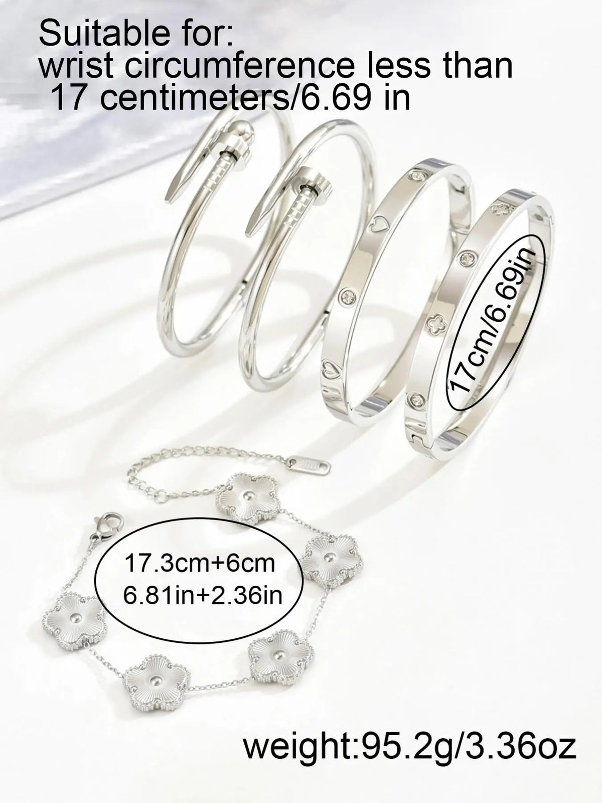 5-Piece Elegant Rhinestone Stainless Steel Bangle Set, Bracelet Set, Four-Leaf Clover & Heart & Five-Petal Flower Decor, Stacked Design, Valentine's Day Gift