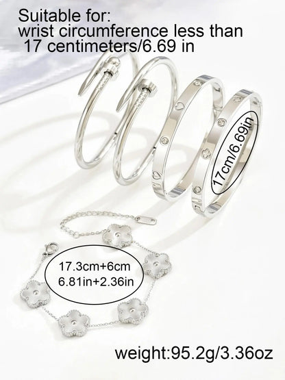 5-Piece Elegant Rhinestone Stainless Steel Bangle Set, Bracelet Set, Four-Leaf Clover & Heart & Five-Petal Flower Decor, Stacked Design, Valentine's Day Gift