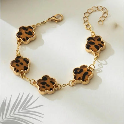 Women's Leopard Chain Bracelet Gold Link Cute Five Petal Flower Charm Resin Cheetah Print Statement Jewelry for Clubwear Gifts