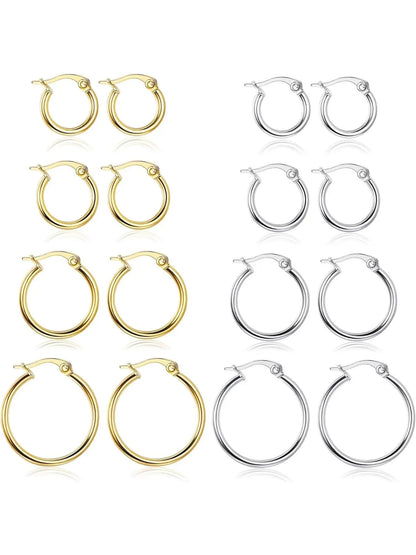 Gold Hoop Shape Circle Shape Earrings Set Stainless Steel Rounded Small Huggie Earrings for Women, 10/12/15/20mm Nickel Free Hoops, Cute Casual Style, Hypoallergenic Jewelry, Fashion Earring, Ear Accessories, Hoop Earring Sets