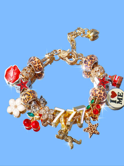 Leopard Print Cherry Charm Bracelet, Star Girl Cross Bracelet, Lucky Number 777 Bracelet, Cherry Tooth Bracelet, Pool Ball 7 Bracelet