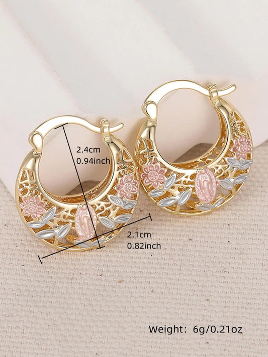 Mexican-style sunflower pattern gold-coloured hollow hoop earrings, hoop shape earrings, elegant party earrings, the perfect anniversary gift for mothers and couples, earrings jewelry