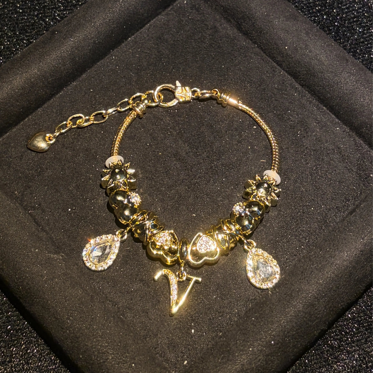 Women's Gold-Tone Mixed Charm Beaded Bracelet - A-Z Initial Letters Available, Fashion Costume Jewelry Gift
