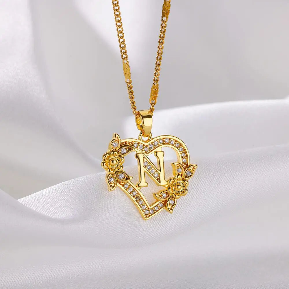 New Fashion Letter Detail Heart Shaped Pendant Necklace, Love Necklace for Women for Summer, Rhinestone & Flower Decor Stainless Steel Matching Necklace Jewelry, Girl's Temperament Cloths Accessory for Daily Wear