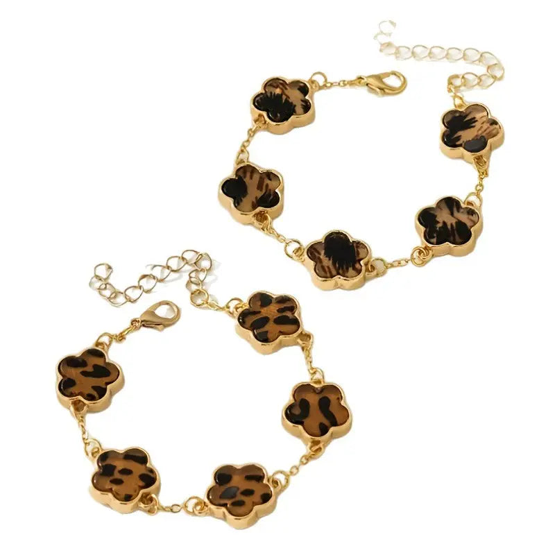 Women's Leopard Chain Bracelet Gold Link Cute Five Petal Flower Charm Resin Cheetah Print Statement Jewelry for Clubwear Gifts