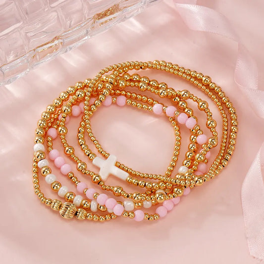 SHINUS Women's Boho 14 Karat Gold-Plated Brass Small Seed Ball Beads Stretch Bracelet Wrist Stack - 7in, Stackable, Trendy, Waterproof, Pink Link, Gold Aesthetic, Unique Costume Jewelry, Accessories for Women, Valentine's Day Gift, Jewelry For Women, Funk