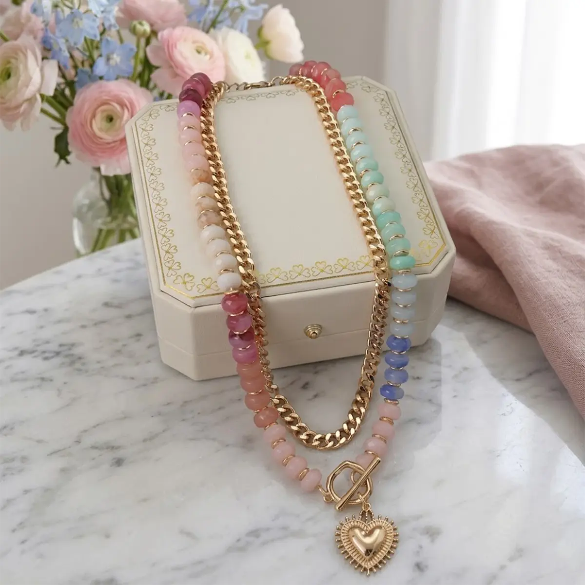 Women's dopamine double-layer colored bead heart-shaped necklace, adjustable layered collarbone chain, women's fashionable jewelry necklace