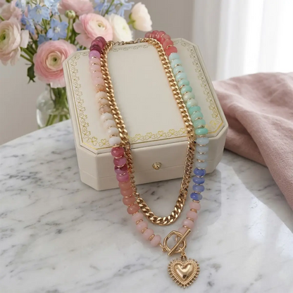 Women's dopamine double-layer colored bead heart-shaped necklace, adjustable layered collarbone chain, women's fashionable jewelry necklace