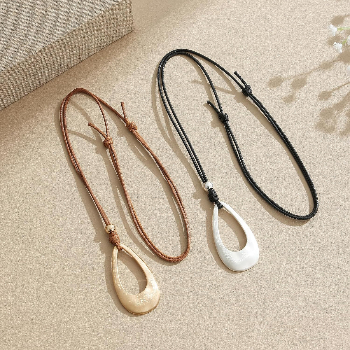 Brushed Gold Plated Classic Teardrop Pendant Long Necklace for Women, Adjustable Length Brown Wax Cord Sweater Chain Fashion Jewelry Gifts