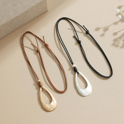 Brushed Gold Plated Classic Teardrop Pendant Long Necklace for Women, Adjustable Length Brown Wax Cord Sweater Chain Fashion Jewelry Gifts