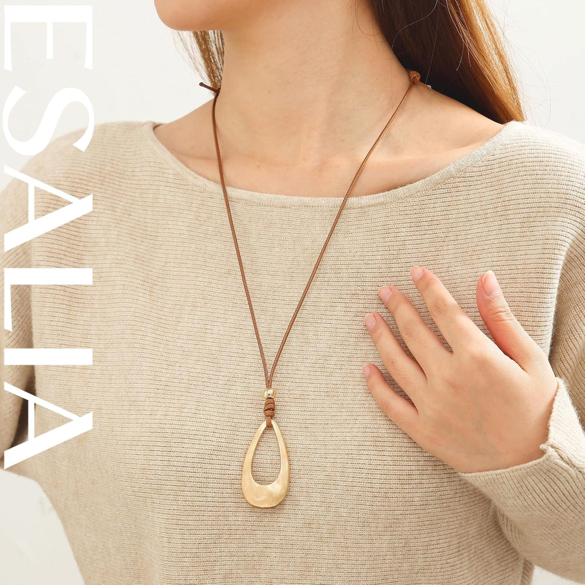 Brushed Gold Plated Classic Teardrop Pendant Long Necklace for Women, Adjustable Length Brown Wax Cord Sweater Chain Fashion Jewelry Gifts