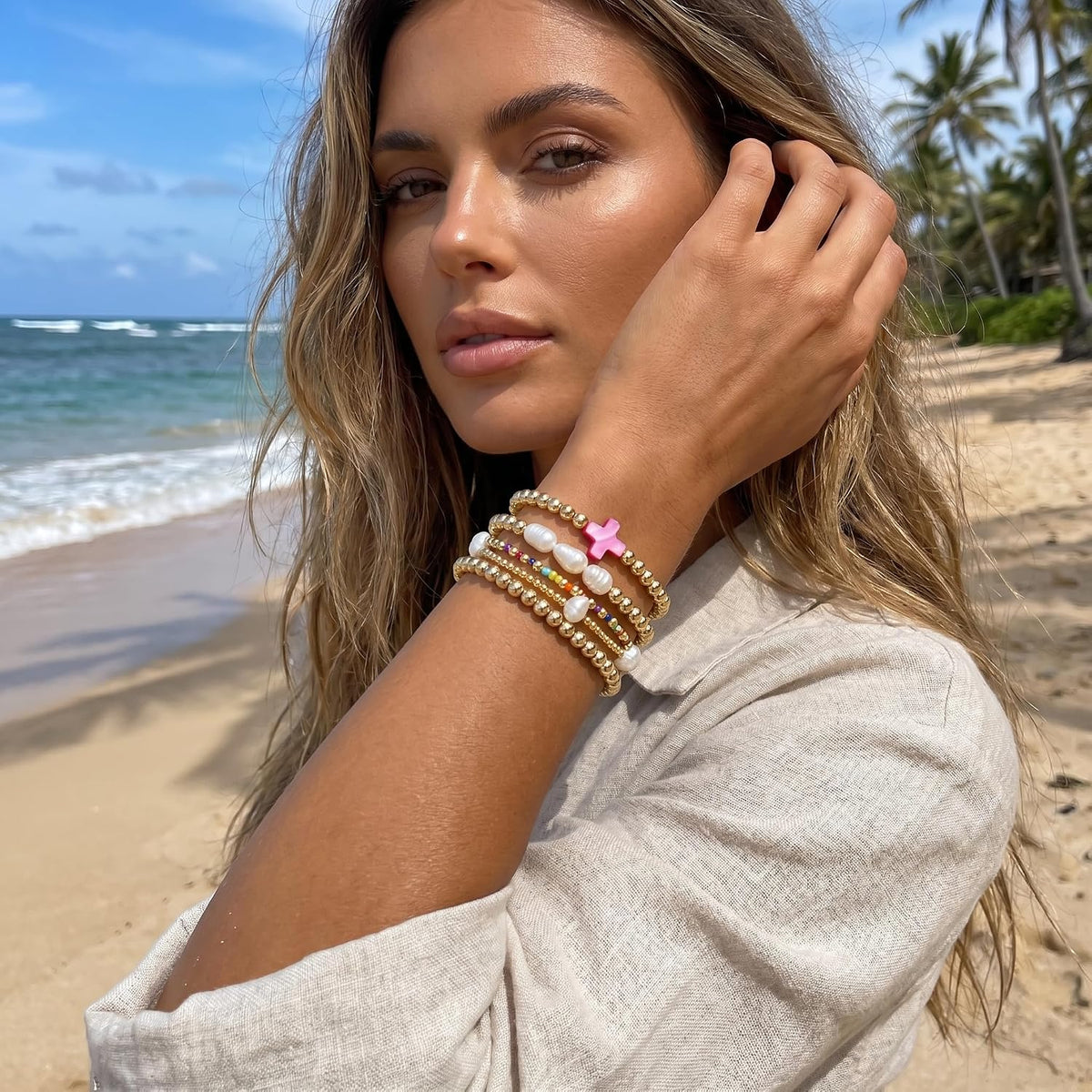 14K Gold Plated Pearl Beaded Cross Bracelets Stack Set for Women,Stretch Boho Colorful Christian Beads Ball Jewelry Friendship Summer Trendy Gift