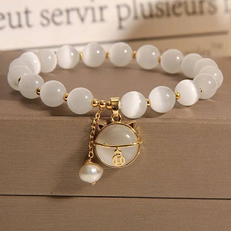 4pcs Elegant Bracelets Featuring Opal Beads, Vintage Green Glass, Red Agate Charms, And Lucky Cat Pendants - Jewelry Gift for Women Men Couple Best Friend