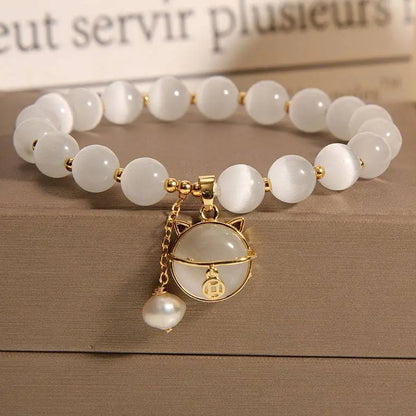4pcs Elegant Bracelets Featuring Opal Beads, Vintage Green Glass, Red Agate Charms, And Lucky Cat Pendants - Jewelry Gift for Women Men Couple Best Friend