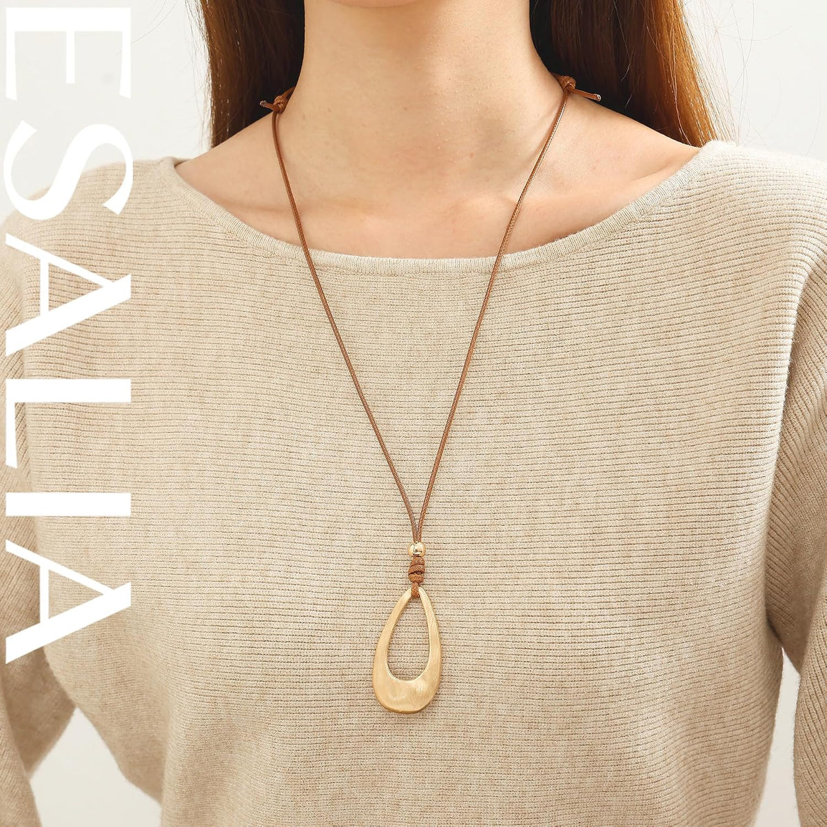 Brushed Gold Plated Classic Teardrop Pendant Long Necklace for Women, Adjustable Length Brown Wax Cord Sweater Chain Fashion Jewelry Gifts
