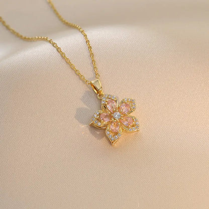 Women's Rotatable Crystal Gold Flower Pendant Choker - Adjustable Redbud Blossom Fidget Jewelry, Dainty Flower Motif Necklaces, Accessories for Women, Crystal Necklaces