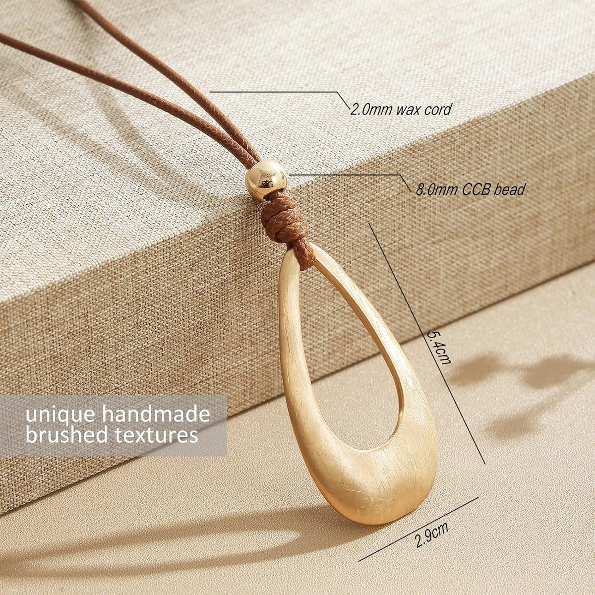 Brushed Gold Plated Classic Teardrop Pendant Long Necklace for Women, Adjustable Length Brown Wax Cord Sweater Chain Fashion Jewelry Gifts