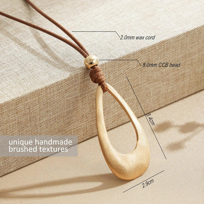 Brushed Gold Plated Classic Teardrop Pendant Long Necklace for Women, Adjustable Length Brown Wax Cord Sweater Chain Fashion Jewelry Gifts