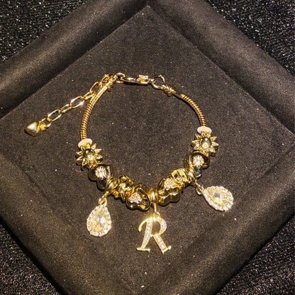 Women's Gold-Tone Mixed Charm Beaded Bracelet - A-Z Initial Letters Available, Fashion Costume Jewelry Gift
