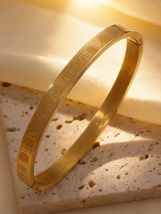 5-Piece 18K Gold-Plated Stackable Bracelet Set, Roman Numerals, Cubic Zirconia, Heart Designs, Hypoallergenic Stainless Steel Jewelry for Women