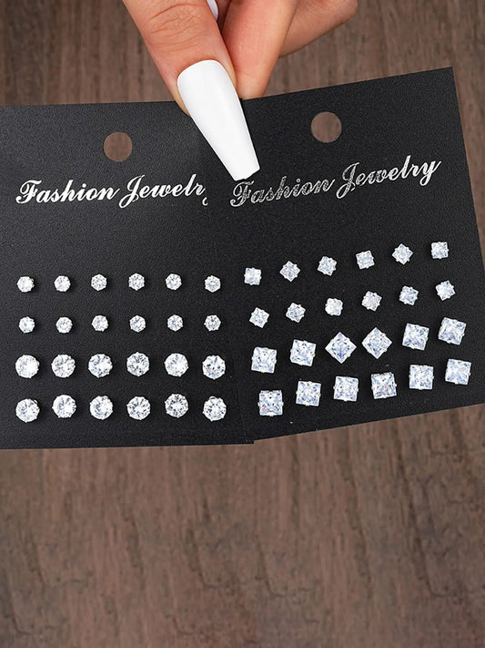 24/36 Pairs Unisex Ear Studs, Stud Earring Sets, Elegant Geometric Heart Design, Artificial Zircon, All-Season Sparkling Jewelry, Perfect for Gifts