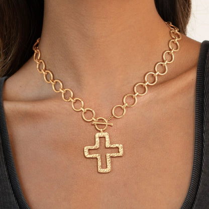 Loyalove 14K Gold Plated Chunky Cross Necklace for Women Statement Cross Pendant Necklace Layered Hammered Bold Cross Necklace Vintage Toggle Clasp Necklace Jewelry For Easter Gift