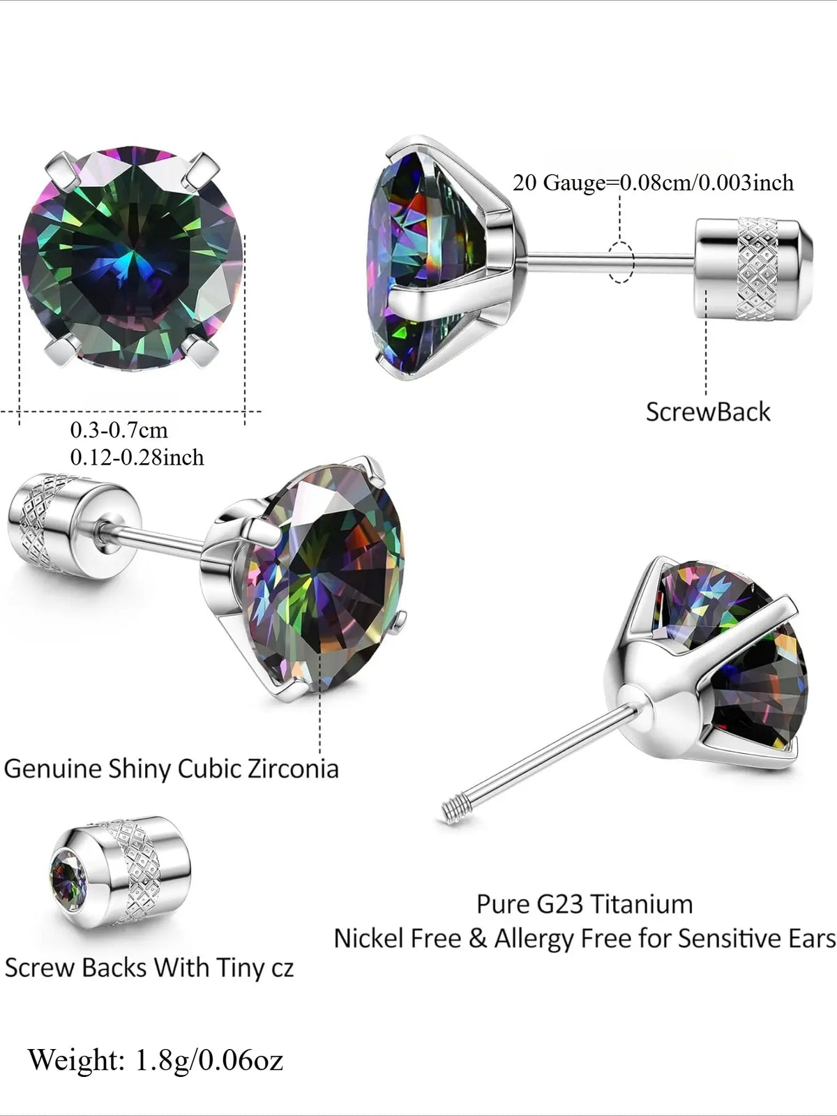 Hypoallergenic G23 Titanium Screw Back Earrings, 20g Pure Titanium Posts, 5a Cz Studs for Sensitive Ears, Sparkling Zirconia, Cubic Zirconia, Unisex Casual Trendy Jewelry, Hypoallergenic Lightweight Earrings, Shining Earrings, High Quality Earrings