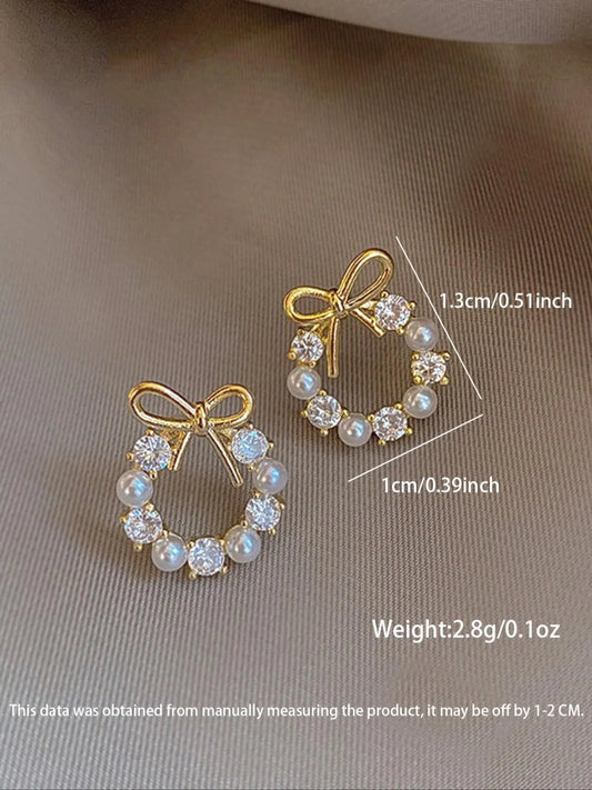 Faux Pearl & Rhinestone Decorated Bow Design Stud Earrings (1 Pair), High Quality Earrings, Elegant Cute Jewelry for Party, Daily Clothing Decor for Girl, Trendy All-match & Exquisite Jewelry for Birthday Gift, Zircon Stud Earrings