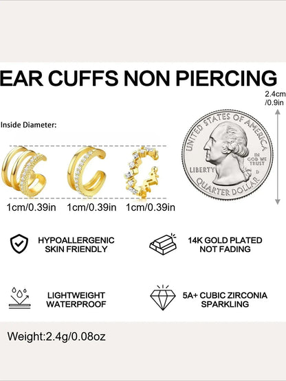 Ear Cuffs Non-Piercing Artificial Zircon Earrings for Women Non Pierced Earrings Cute Small Clip-On Cartilage Earring Gold Plated Dainty Fake Piercings Earings Earrings Set Ear Accessories