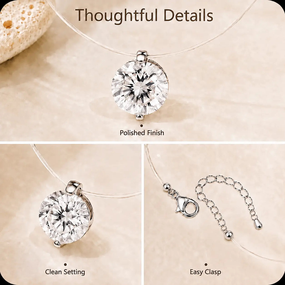 Women's Floating Cubic Zirconia Pendant Necklace on Invisible Transparent Cord, Minimalist Choker Adjustable Length, Everyday Layering Jewelry, For Woman,Gift,summeroutfits,vacationoutfits,beachoutfits