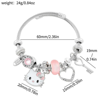 Sanrio Hello Kitty Charm Bracelet with Heart Key & Pink Bead Accents Adjustable Fit Sparkling Design for Sanrio Fans