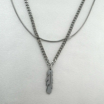 Unisex 2-Layered Hip-Hop Pendant Necklace with Delicate Feather Charm, Polyester Layered Chain Necklaces, 18.0in Adjustable Chain + 1.9in Extension, Streetwear Casual Accessory for Daily Styling