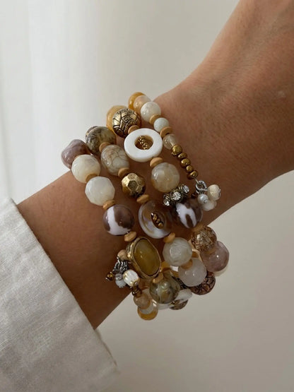 4 Pcs Natural Stone Beaded Bracelets, Bohemian Vintage Style, Earth Tone Multi-Pendant Elastic Stackable, Women's Beach Vacation Daily Accessory, Boho Stone Bracelet