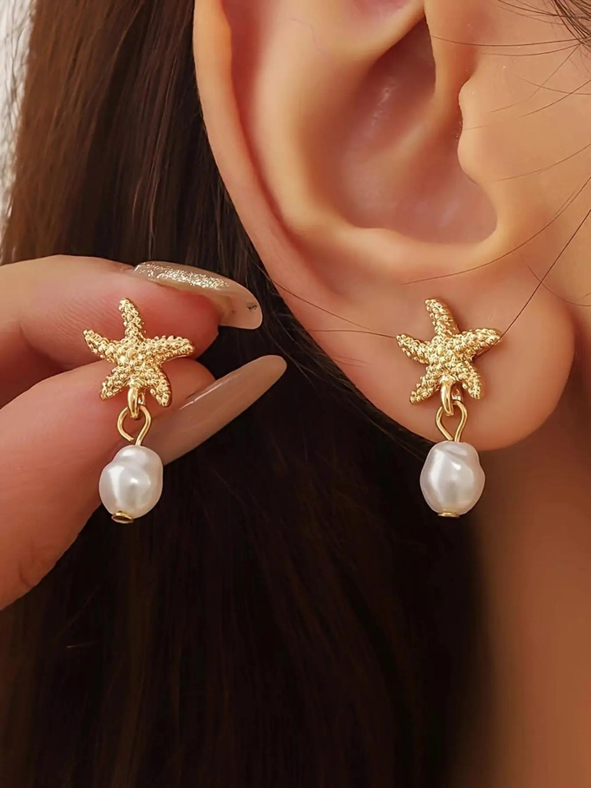 Starfish & Faux Pearl Decor Dangle Earrings, Stylish Jewelry for Women, Trendy All-match & Exquisite Jewelry for Birthday Gift, Trendy Fashionable Accessories, Beachy Earrings, Earrings Dangling