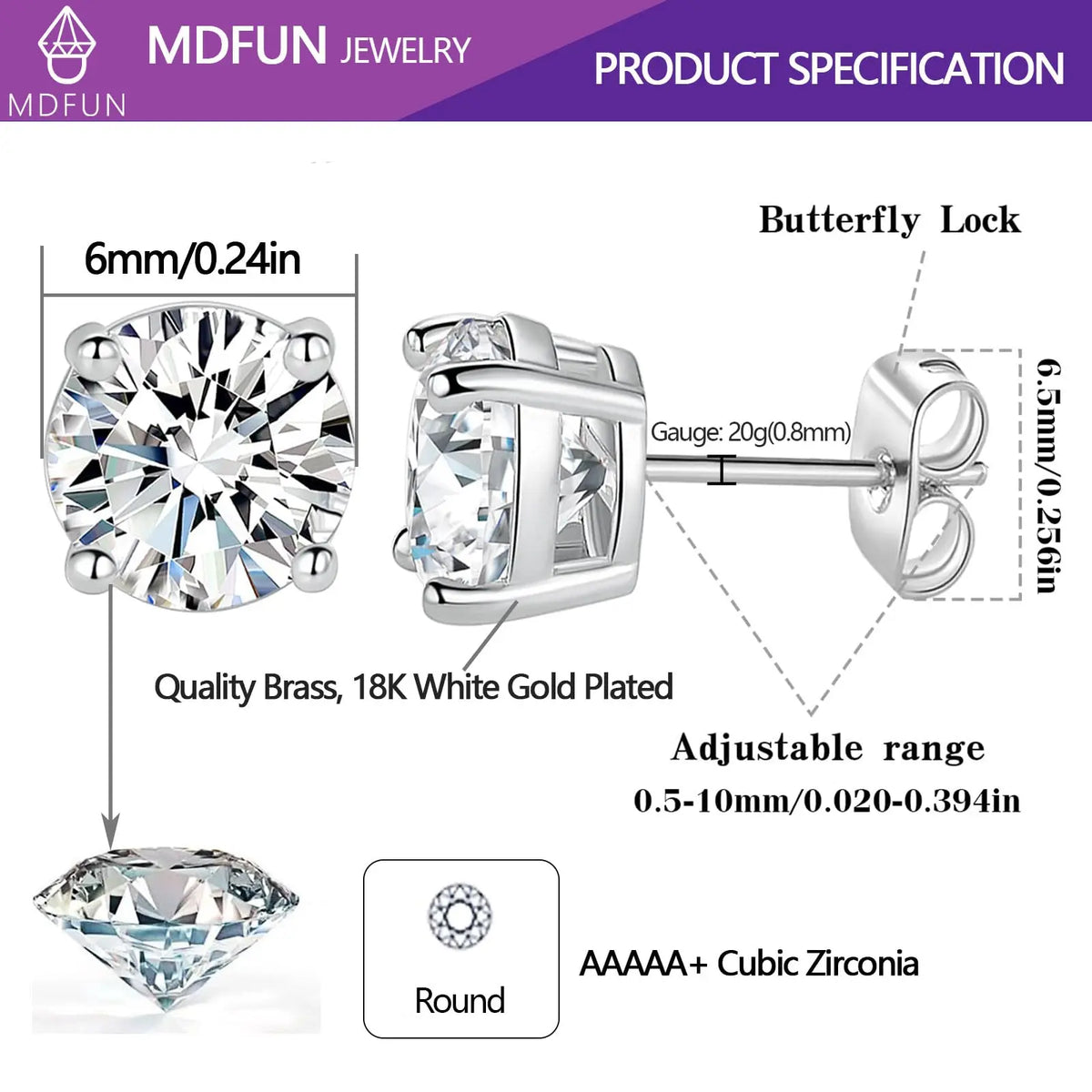 MDFUN 6MM Round Cubic Zirconia Stud Earrings Set - 4-Prong Setting, Brass Plated, Hypoallergenic, Butterfly Back Hold, Classic Minimalist All Seasons Jewelry for Men/Women, Ideal for Anniversaries/Birthday
