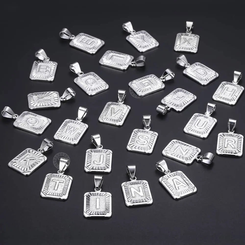 Hermah Silver Color Initial Letter A-Z Pendant Necklace 18"-22" Stainless Steel Curb Chain Charm Jewelry