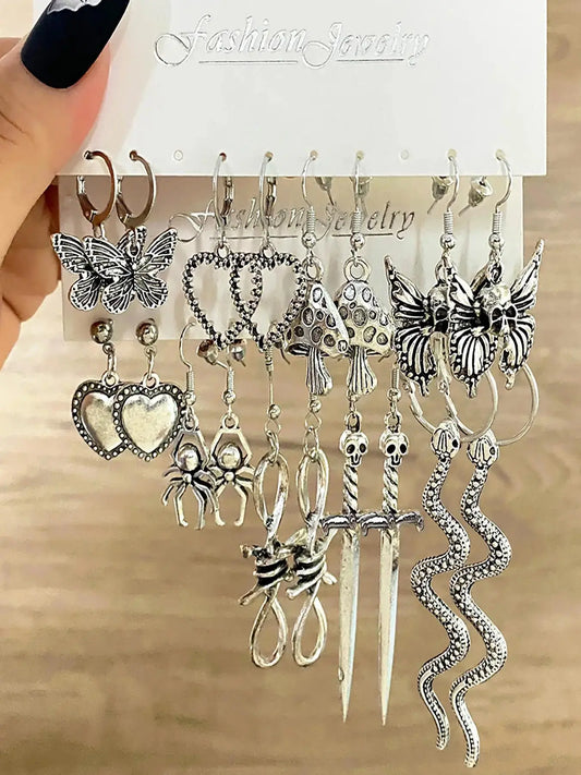 Butterfly, Heart, Mushroom, Snake, Texture Metal Design Dangle Earrings (9 Pairs) Earrings Set, Casual Alloy Jewelry for Women & Girls, Style for Party, Daily Clothing Decor, Birthday Gift